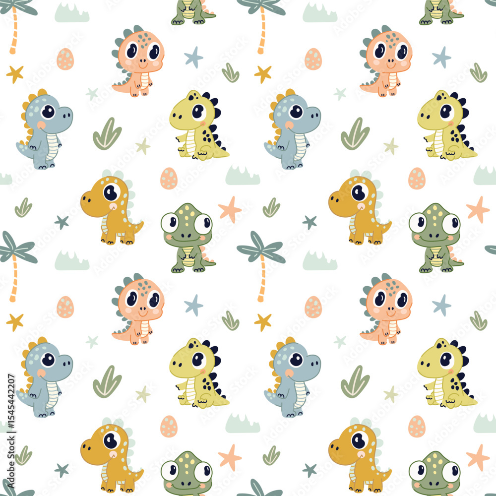 Fototapeta premium Seamless pattern with cute cartoon dinosaurs on white background. Ideal for children's design, vector flat style