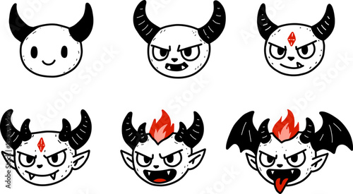 Set cartoon devil faces evolving from simple to fierce with horns, fire, and wings for halloween content and character design.