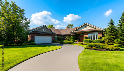 Home, curving driveway leading to house amongst green trees. Sunny day, landscape view. Residential property, modern real estate