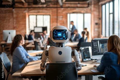 In an office full of people, a robot works at a computer. This scenario reflects the innovative blend of stock and human workers in the future IT team.