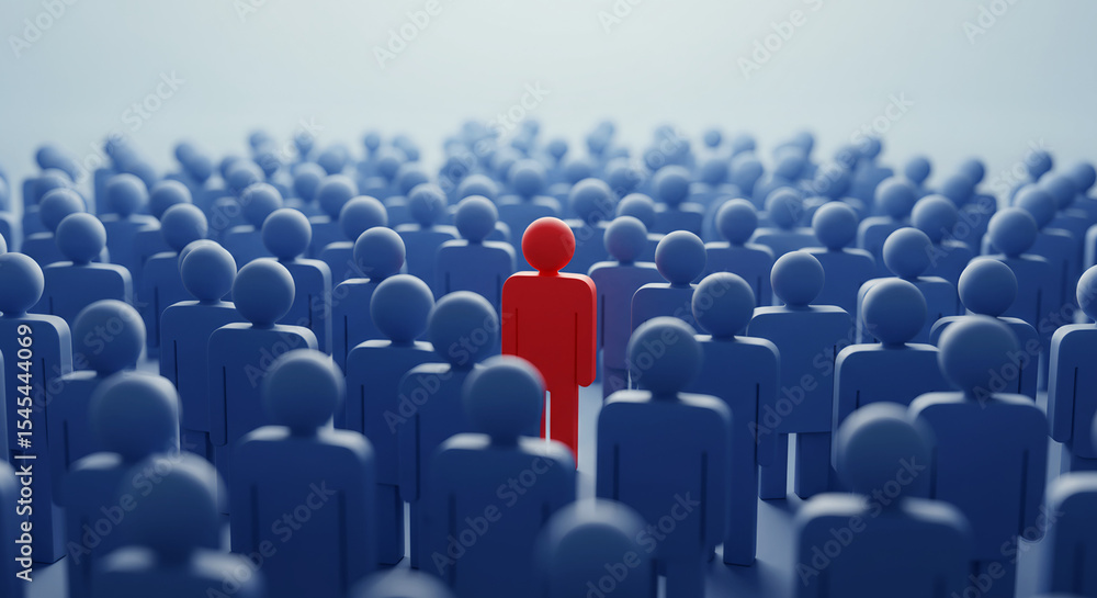 Fototapeta premium Red figure standing out in blue crowd symbolizing leadership and individuality in 3D rendering