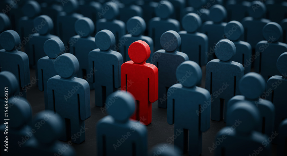 Obraz premium Red figure standing out in blue crowd symbolizing leadership and individuality in 3D rendering