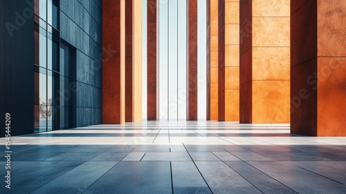 The office business building is highlighted with a detailed modern glass facade featured on an urban abstract background.
