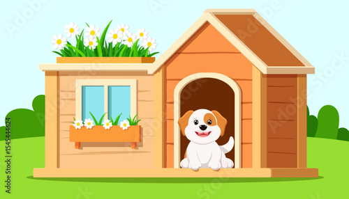 Cute puppy sitting in a doghouse with flowers on the roof  