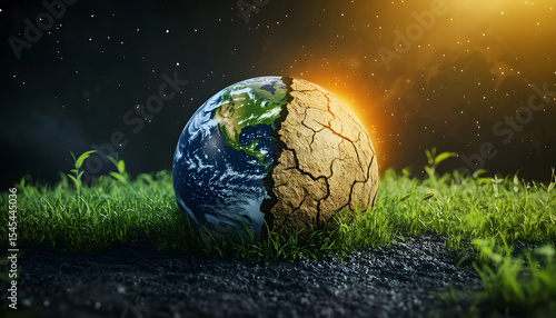 Visual of global challenges one half green, arid cracked earth. Environmental issues climate change, drought, global warming. Concept of sustainability, ecology, nature, earth, conservation