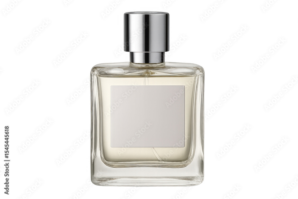 Elegant glass perfume bottle with blank label, silver cap, and transparent background, perfect for showcasing fragrance branding and design Elegant glass perfume bottle with blank label, silver cap, and transparent background, perfect for showcasing fragrance branding and design