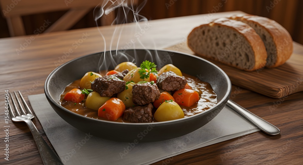 Lapskaus beef and vegetable stew with rutabaga on a restaurant table Lapskaus beef and vegetable stew with rutabaga on a restaurant table