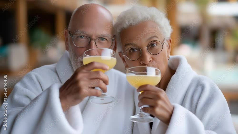 Seniors enjoying resort beauty treatment with cocktails in gentle light Seniors enjoying resort beauty treatment with cocktails in gentle light