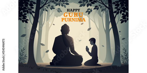 Devotional Guru Purnima design with student greeting a spiritual master in forest, bathed in soft light and foliage atmosphere