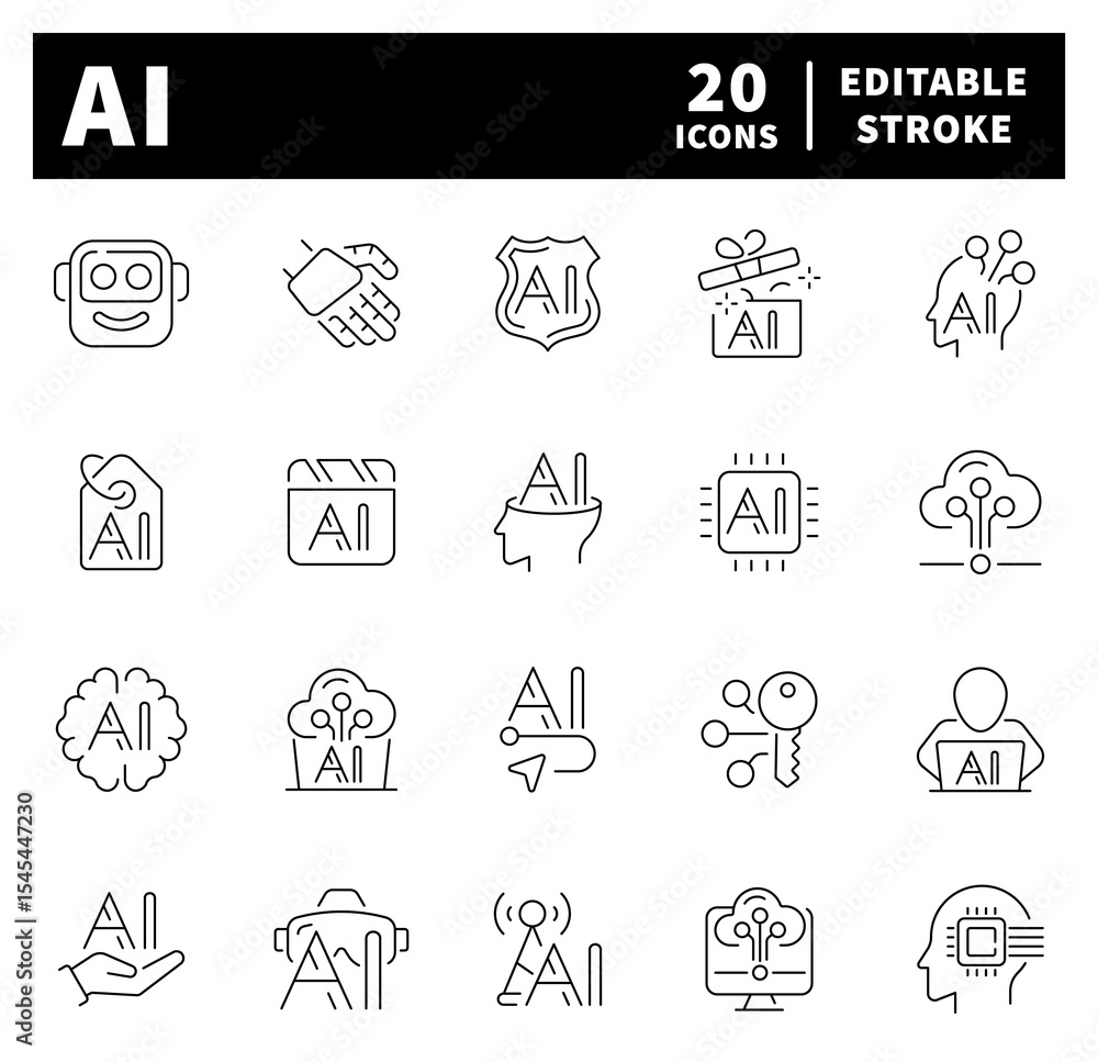 Fototapeta premium AI icon set. Artificial intelligence thin line icons collection. Artificial, intelligence, computing innovation related thin line icons