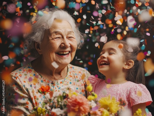 Old woman and child celebrating with confetti