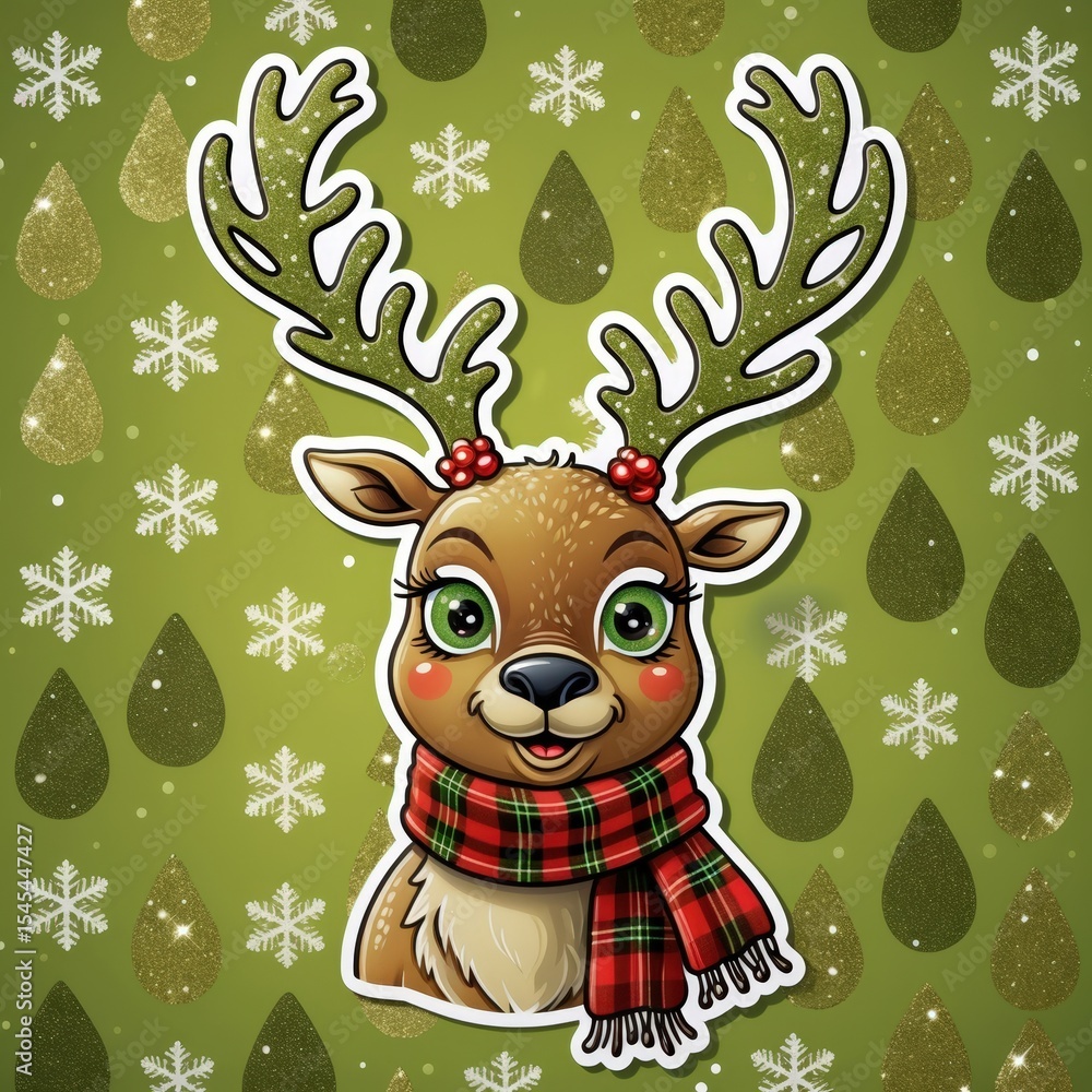 Fototapeta premium A 1970s retro cartoon reindeer sticker, green background, glitter effect on antlers, googly eyes, retro plaid scarf, perfect for vintage holiday and festive design projects.