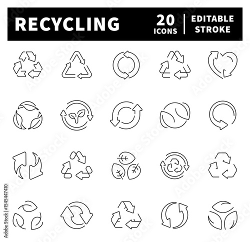 Recycling thin line icon collection. Recycle symbols for organic, paper, glass, plastic and metal waste. Set of recycling related line icons. Eco, reduce, reuse, ecology, environment symbols