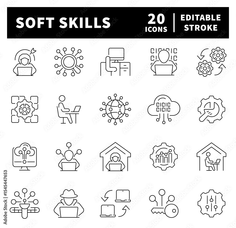 Thin line icons set related to soft skills. Soft skills vector icons Thin line icons set related to soft skills. Soft skills vector icons