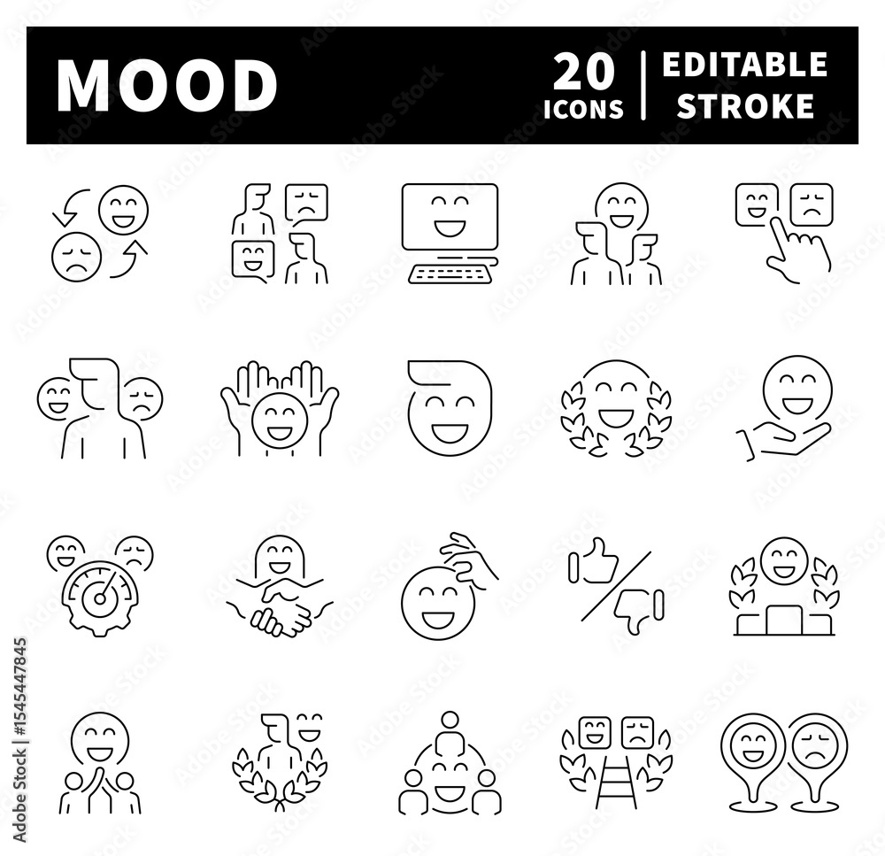 Fototapeta premium Thin line icons set related to mood and emotions. Mood thin line icons set. Emotion expression symbols