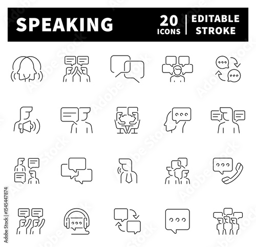 Speech, talk, discussion, speech bubble, dialog vecor icons. Thin line icons set related to speak and talk. Communication related icons