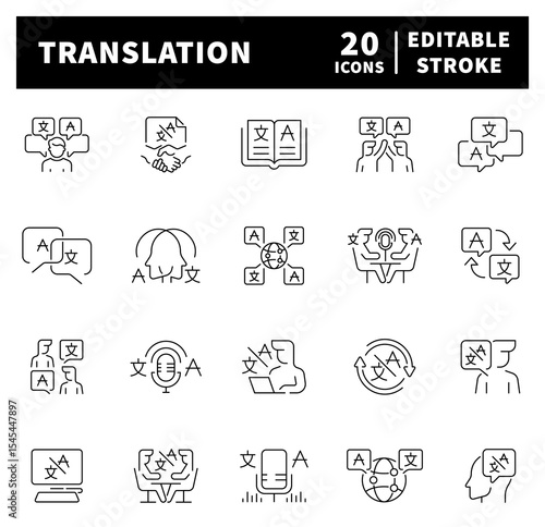 Collection of translation related outline icons Thin line icons set related to translation and translator