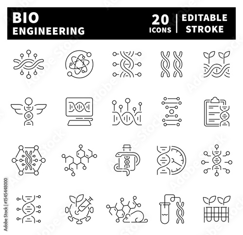 Bio engineering icon set. Thin line icons set related to bio engineering and DNA. 