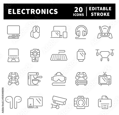 Electronic devices icons collection in line style. Electronic devices icon set. Thin line icons set related to devices and electronics.