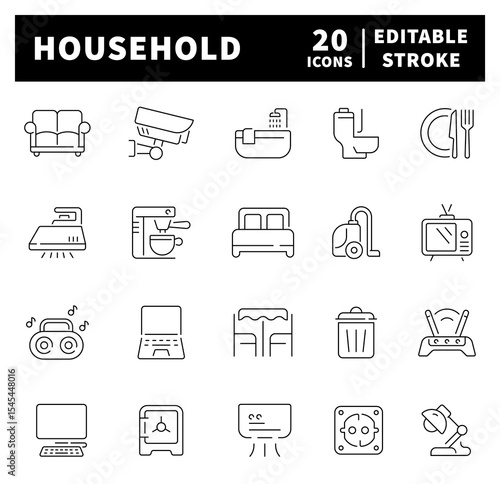 Household icons collection in line style. Household icon set. Thin line icons set related to Household and home