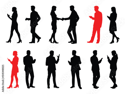 Silhouettes of Business People Talking, Professional Interaction Vector Set. group of business people