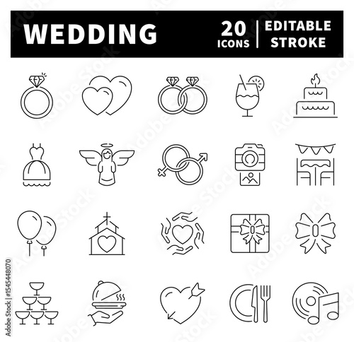 Wedding icons collection in line style. Thin line icons set related to wedding and marriage