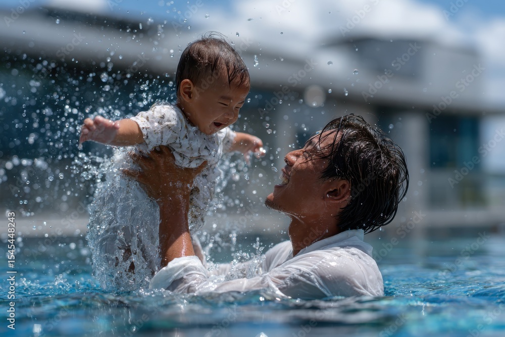 Fototapeta premium A heartwarming scene of a father joyfully lifting his giggling baby above the water in a pool, showcasing the affection, thrill, and irreplaceable bond during playful moments.