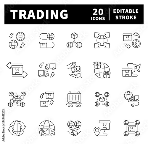 International trading vector icons in line style. Thin line icons related to exports and imports