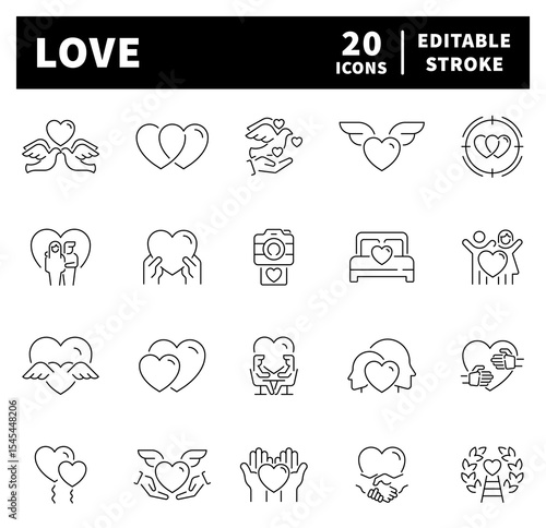 Love vector icons in line style. Thin line icons related to love and feelings