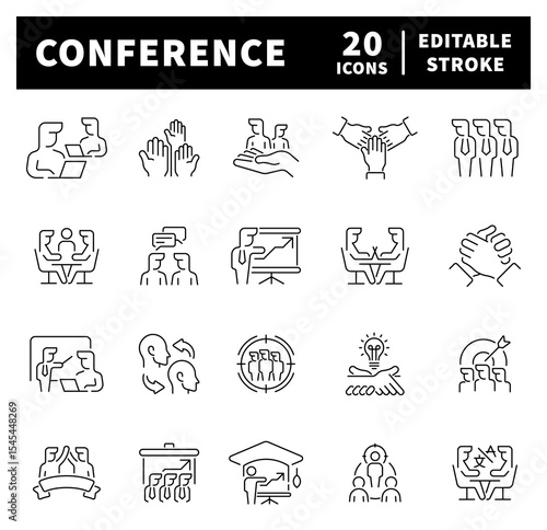 Conference vector icons in line style. Thin line icons related to conference and meeting