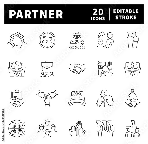 Partnership vector icons in line style. Thin line icons related to partner and Partnership. 