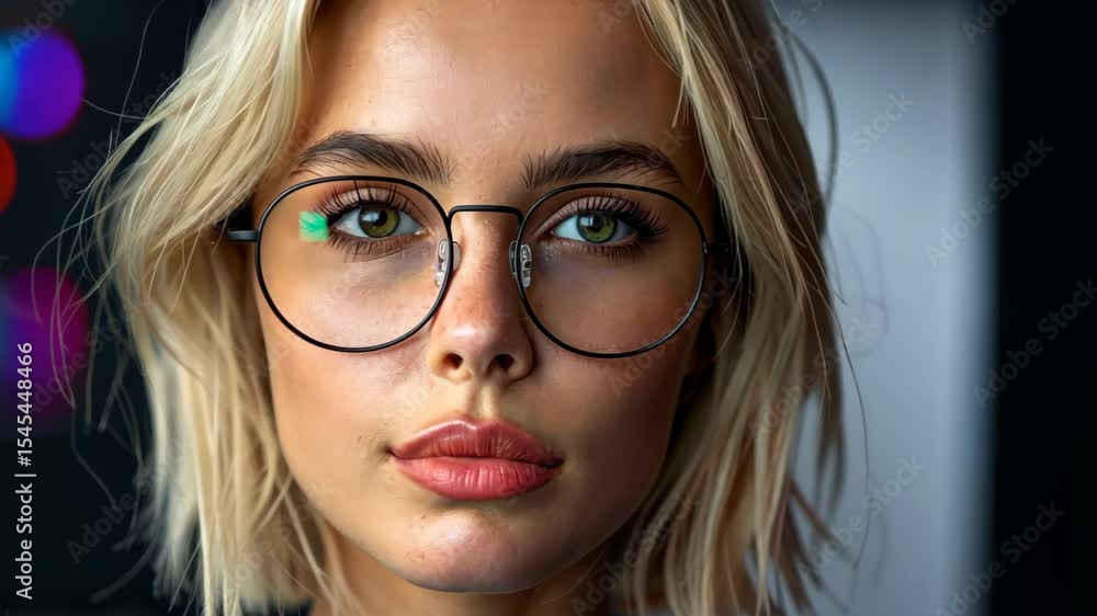 Elegant Woman in Glasses: A captivating close-up of a woman with a serious expression wearing stylish glasses. Soft focus and neutral lighting enhance the woman's serene features, her delicate eyes. Elegant Woman in Glasses: A captivating close-up of a woman with a serious expression wearing stylish glasses. Soft focus and neutral lighting enhance the woman's serene features, her delicate eyes.