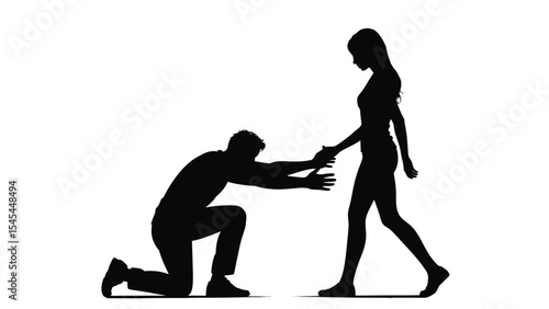 Silhouette of Man Begging Woman Not to Leave, Love, Regret, and Relationship Conflict Concept