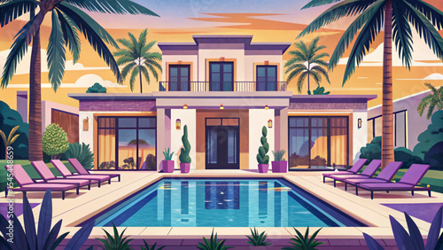 Luxury villa facade with infinity pool, modern architecture, and palm trees vector ideal for tropical lifestyle, real estate visuals, or high-end resort illustrations
