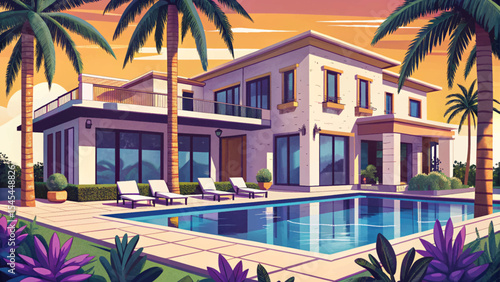 Luxury villa facade with infinity pool, modern architecture, and palm trees vector ideal for tropical lifestyle, real estate visuals, or high-end resort illustrations