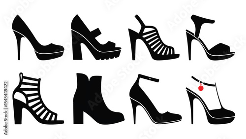 Black high heels collection set, silhouette icon. Women shoes design vector illustration, set of women shoes