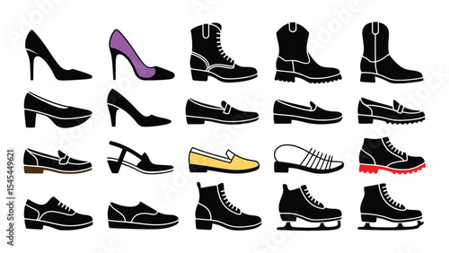 Boots and flats silhouette set, pack of look and woman shoes with vector silhouette design. set of black shoes