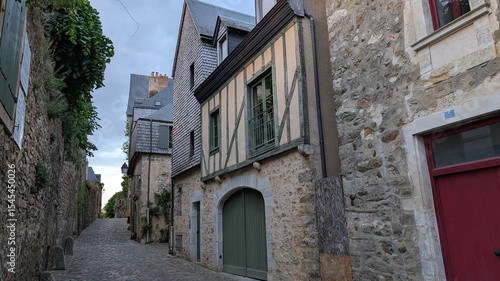 Curved road in medieval town with stone masonry  half-timbered building  arched doorways  and cobblestone road in Le Mans  France  Vieux Mans  Cit   Plantagen  t