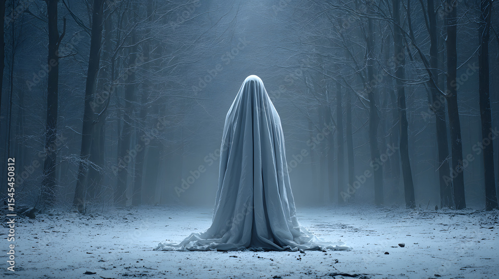 Ghostly Figure in Snowy Forest at Night Ghostly Figure in Snowy Forest at Night