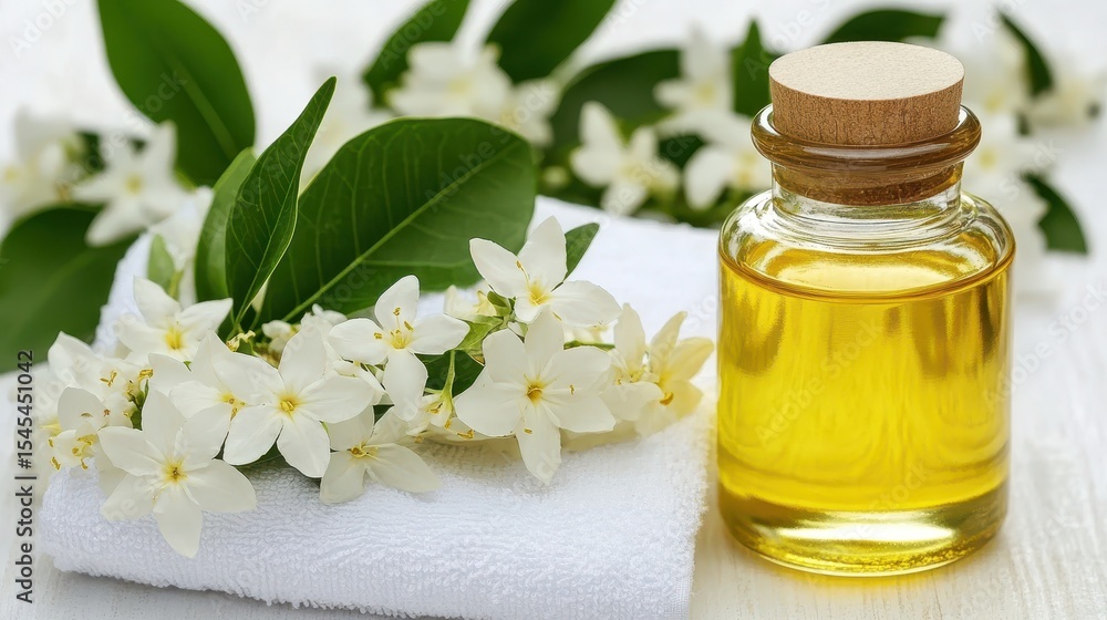Aromatherapy Bottle with Flowers and Fresh Green Leaves on Towel Aromatherapy Bottle with Flowers and Fresh Green Leaves on Towel