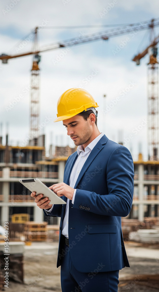 Man in blue suit and yellow helmet uses tablet at construction site, showcasing modern project management Man in blue suit and yellow helmet uses tablet at construction site, showcasing modern project management