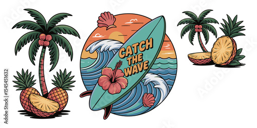 Vintage Tropical Surf Illustration with Palm Trees, Pineapples, Surfboard, Hibiscus Flower, Ocean Waves, and Catch the Wave Sunset