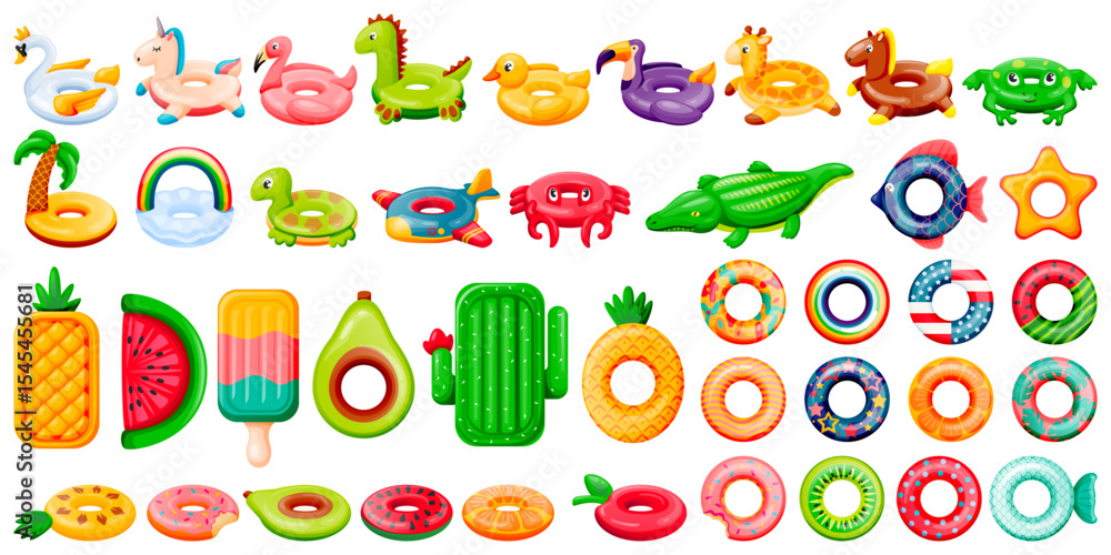 Pool inflatable rings and floats. Vector illustration of kids floating toys. Beach and swimming pool design elements Pool inflatable rings and floats. Vector illustration of kids floating toys. Beach and swimming pool design elements