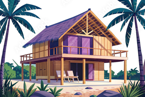 Tropical beach house vector with bamboo walls, open-air layout, and palm surroundings perfect for vacation, eco-living, or island getaway themed projects