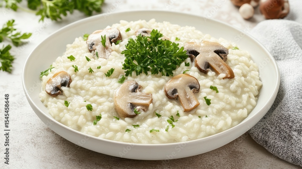 Creamy Mushroom Risotto with Fresh Parsley Garnish in a Bowl Creamy Mushroom Risotto with Fresh Parsley Garnish in a Bowl