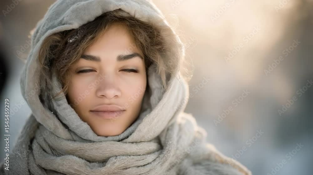 Winter woman outdoors in snowy landscape with soft light Winter woman outdoors in snowy landscape with soft light