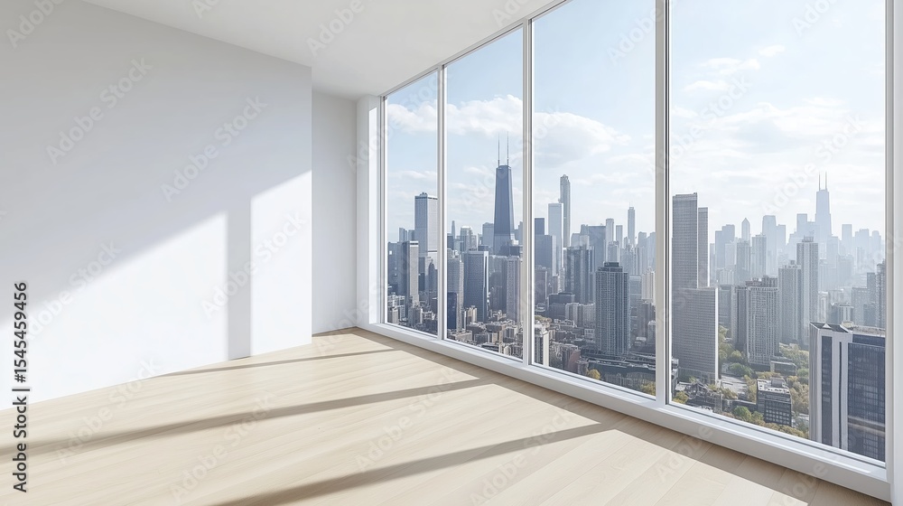 Obraz premium Bright white interior with large window view of high-rise city skyline. Perfect for real estate mockups, architecture designs, and lifestyle visuals