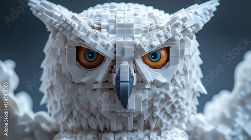 A detailed close-up of a white owl made of building bllocks with striking orange and blue eyes, showcasing intricate design elements.