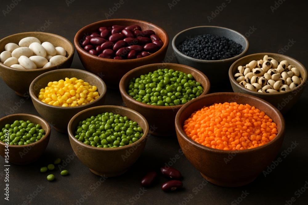 Fototapeta premium angle view of vibrant legumes and pulses in natural ceramic and wooden bowls, displayed on a dark rustic surface. Perfect for food blogs or healthy eating visuals.