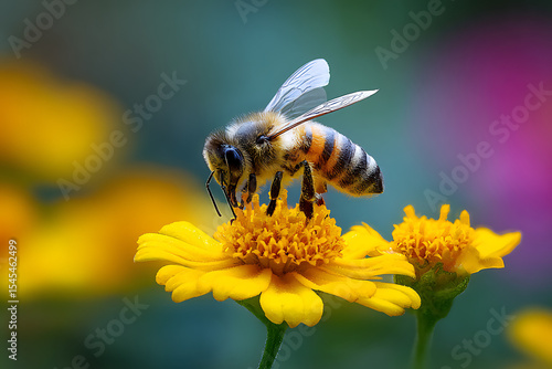 Fototapeta Naklejka Na Ścianę i Meble -  A bee perched atop a vibrant yellow flower collecting nectar in a garden with a colorful background